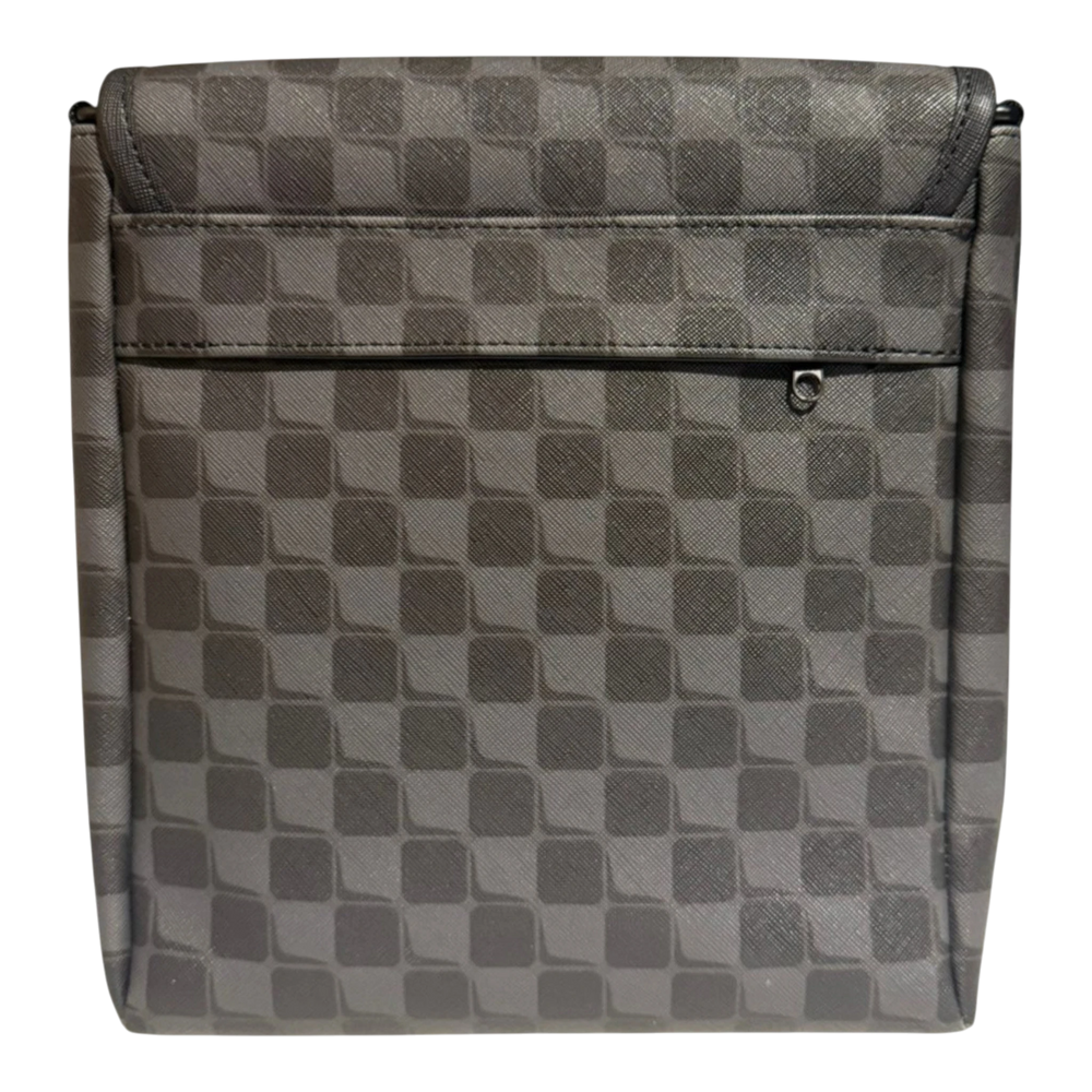 HypeSelection black PVC messenger sling bag with a checkered pattern and a front zip pocket.