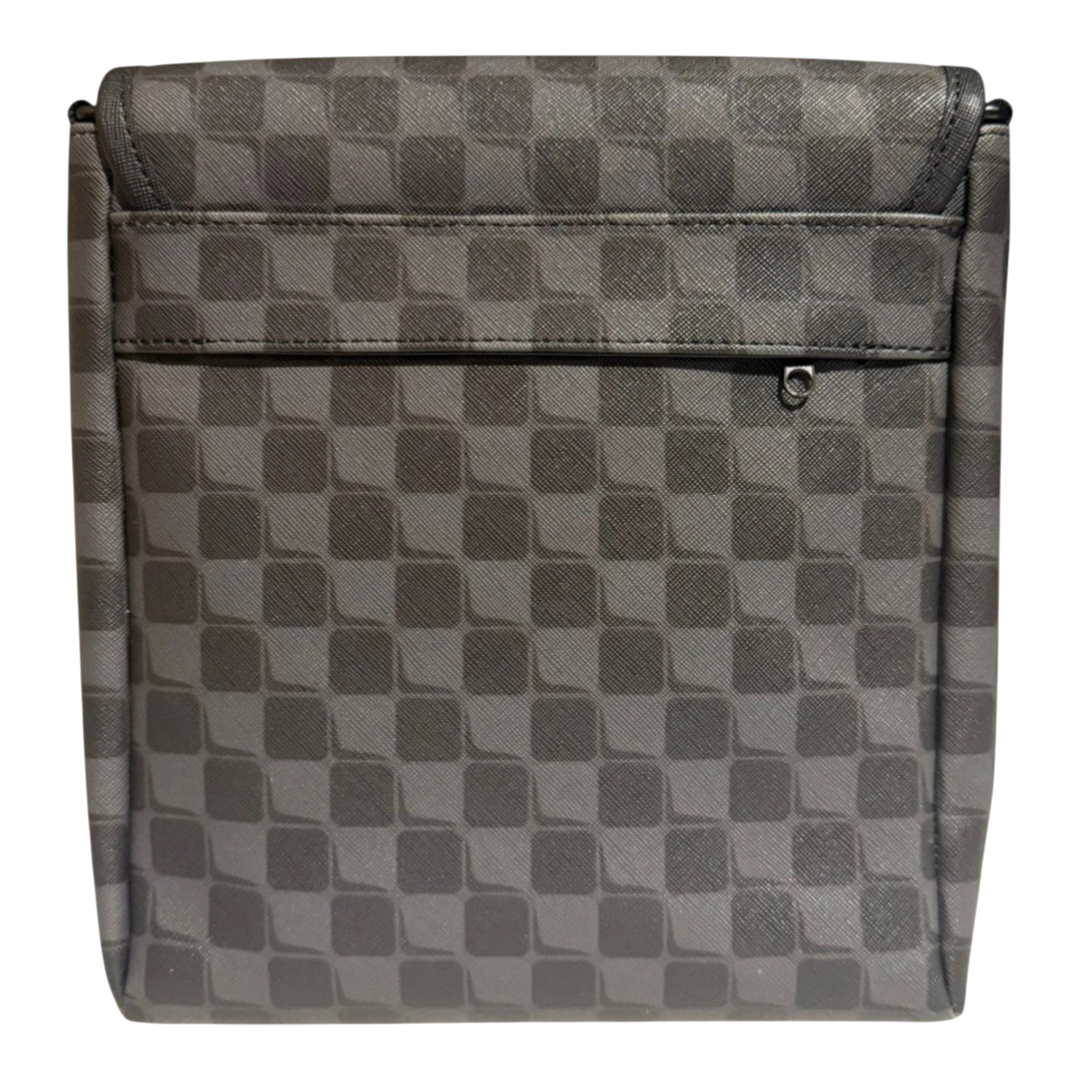 HypeSelection black PVC messenger sling bag with a checkered pattern and a front zip pocket.