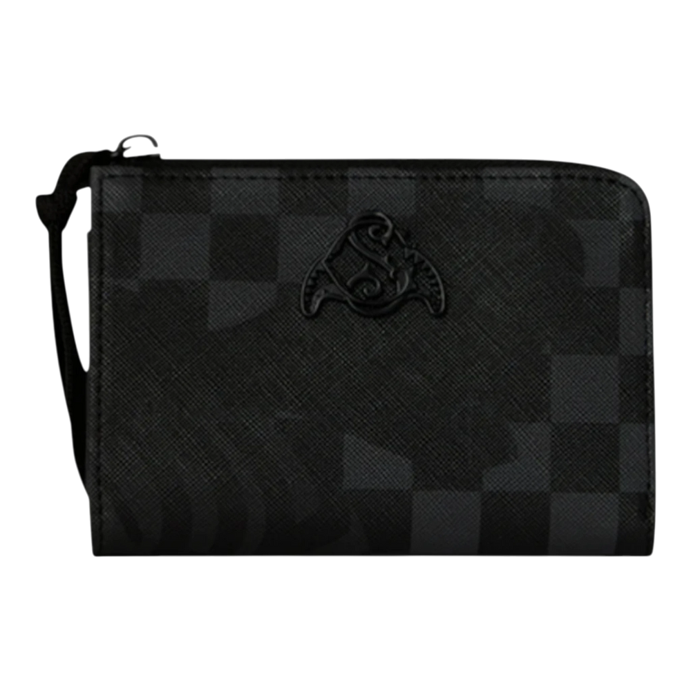 HypeSelection black checkered bi-fold wallet with a black logo emblem and zip closure. Durable synthetic material.
