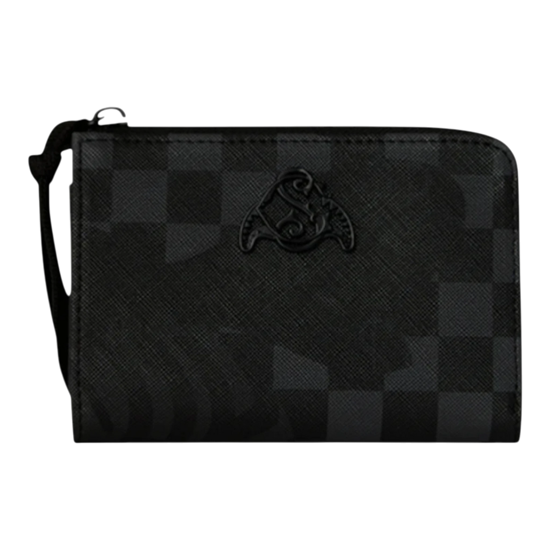 HypeSelection black checkered bi-fold wallet with a black logo emblem and zip closure. Durable synthetic material.