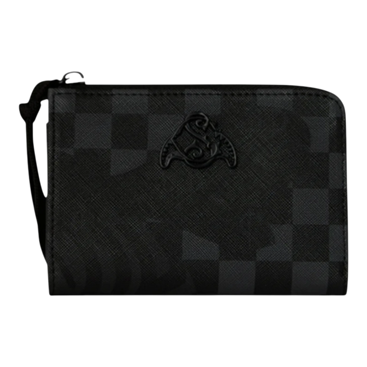 HypeSelection black checkered bi-fold wallet with a black logo emblem and zip closure. Durable synthetic material.