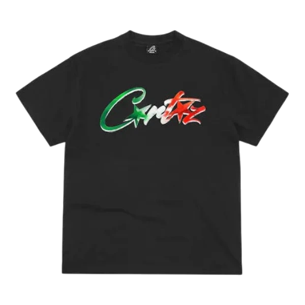 HypeSelection black cotton t-shirt with green and red 'Corteiz Allstarz Italia' graphic logo.