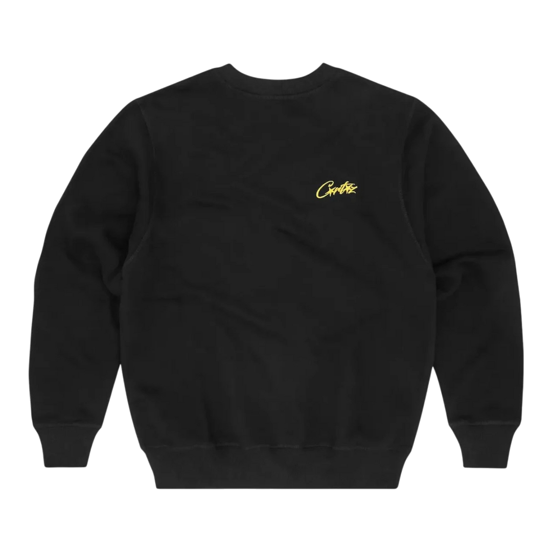 HypeSelection black cotton-poly blend sweatshirt with yellow Corteiz HMP V1 Allstarz graphic on chest, regular fit.