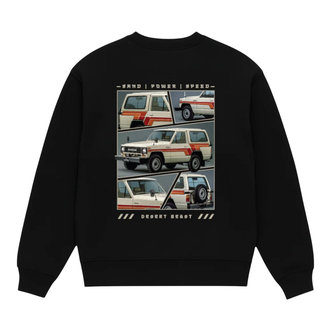 HypeSelection black cotton fleece sweatshirt with "PATROL OG" graphic featuring vintage Nissan Patrol vehicles.