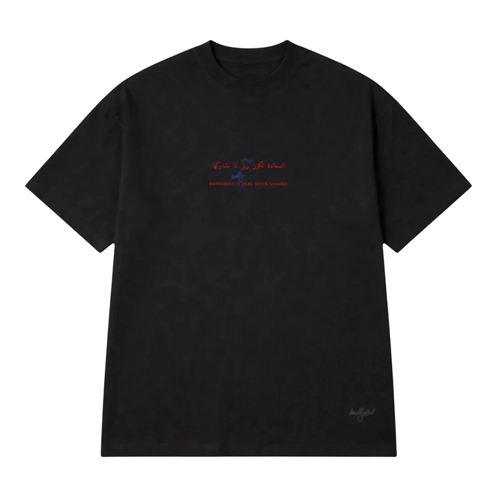 HypeSelection black cotton t-shirt with Arabic text and "Happiness is Real When Shared" graphic print.