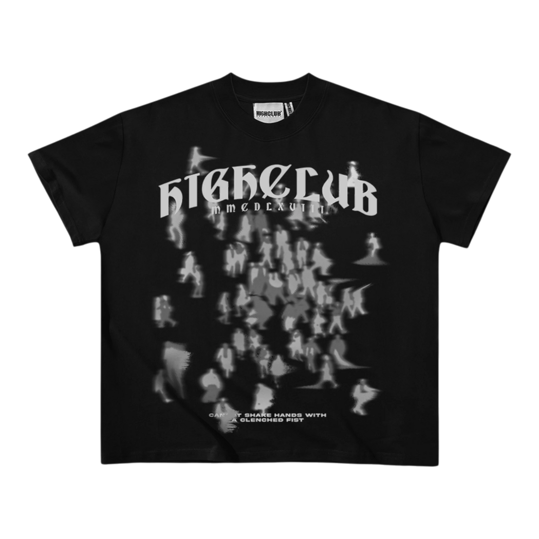 HypeSelection black 100% cotton t-shirt with gothic HIGHCLUB logo and blurred grey figures graphic. Features text 'CANNOT SHAKE HANDS WITH A CLENCHED FIST'.