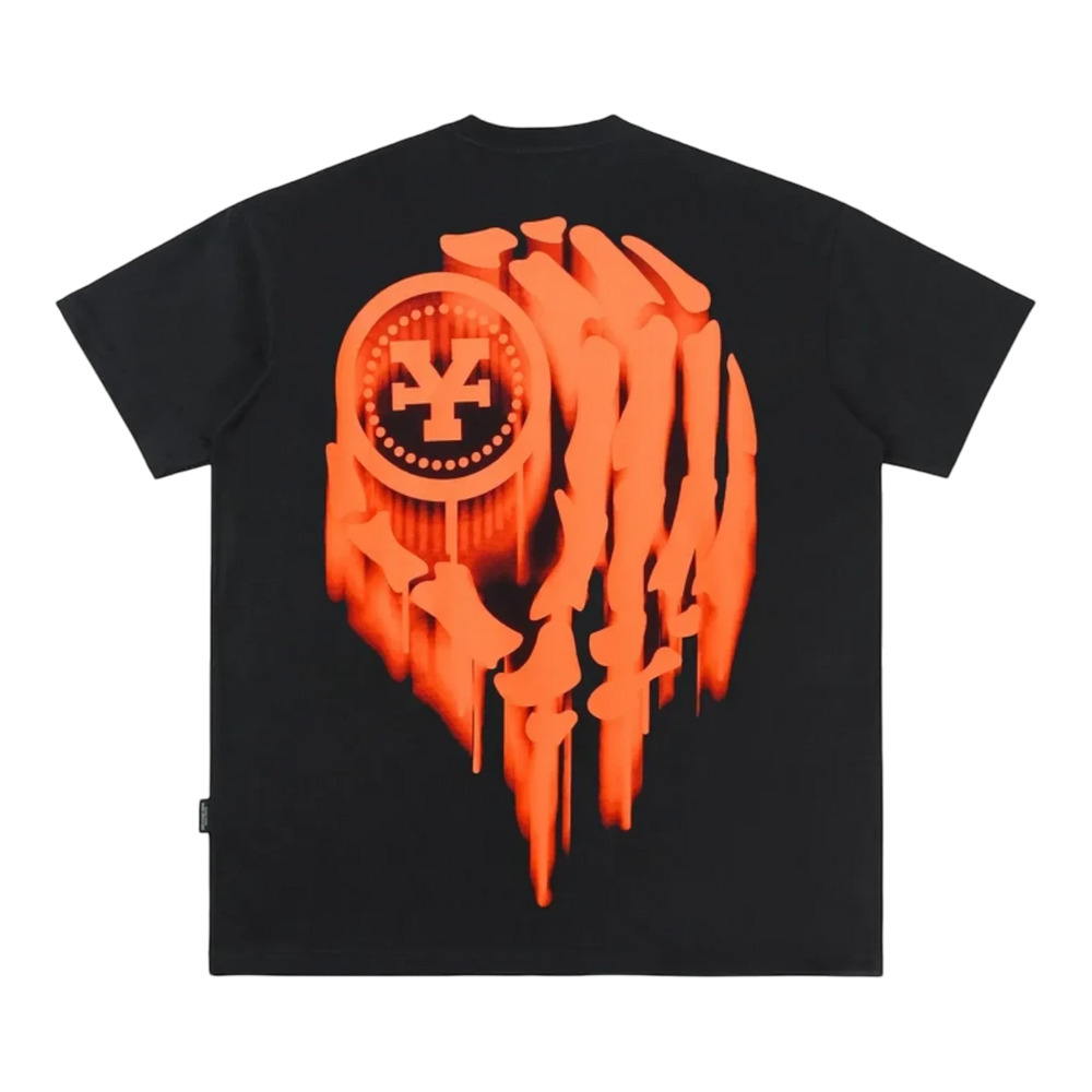 HypeSelection black cotton t-shirt with a bold, dripping orange spray logo graphic on the back.