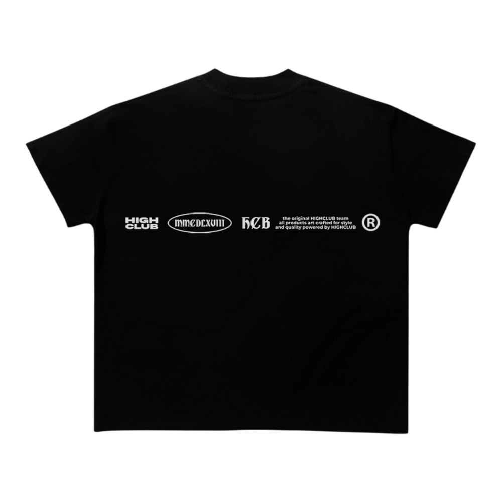 HypeSelection black 100% cotton oversized tee with HIGHCLUB branding and graphic details on the back.