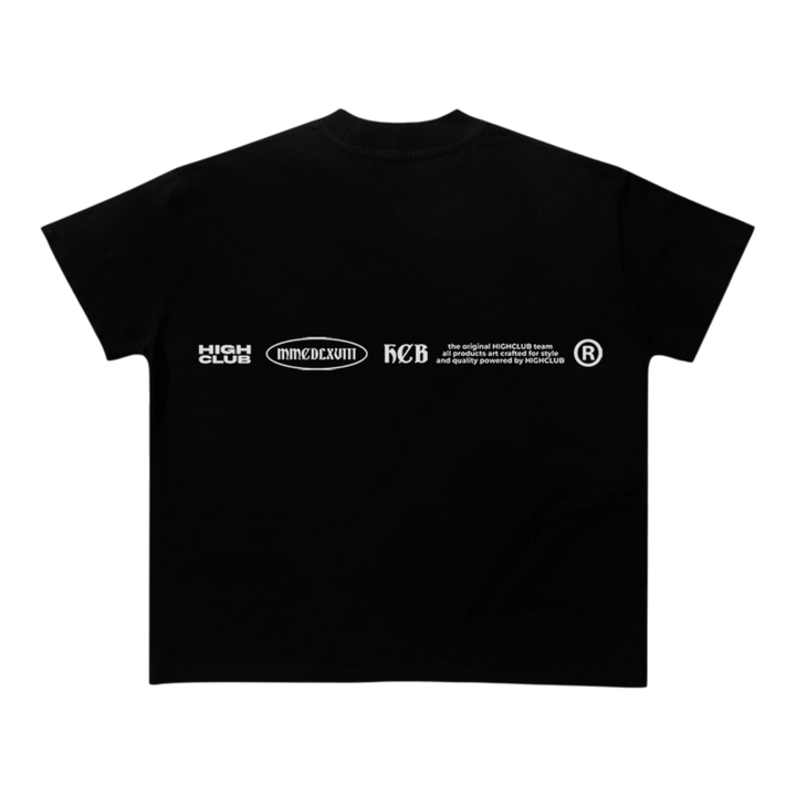 HypeSelection black 100% cotton oversized tee with HIGHCLUB branding and graphic details on the back.