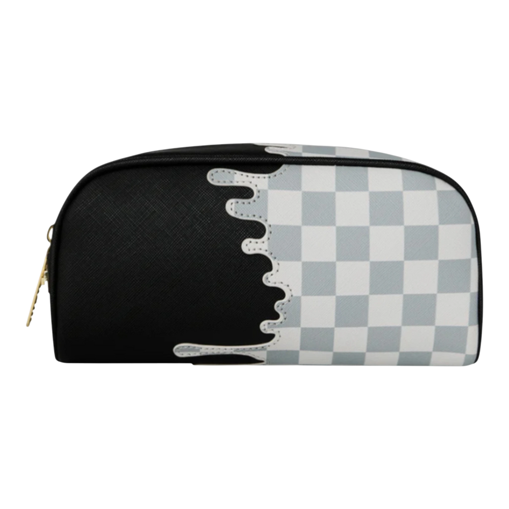 HypeSelection black and cream checkered PVC pouch with a white drip graphic and gold zipper.