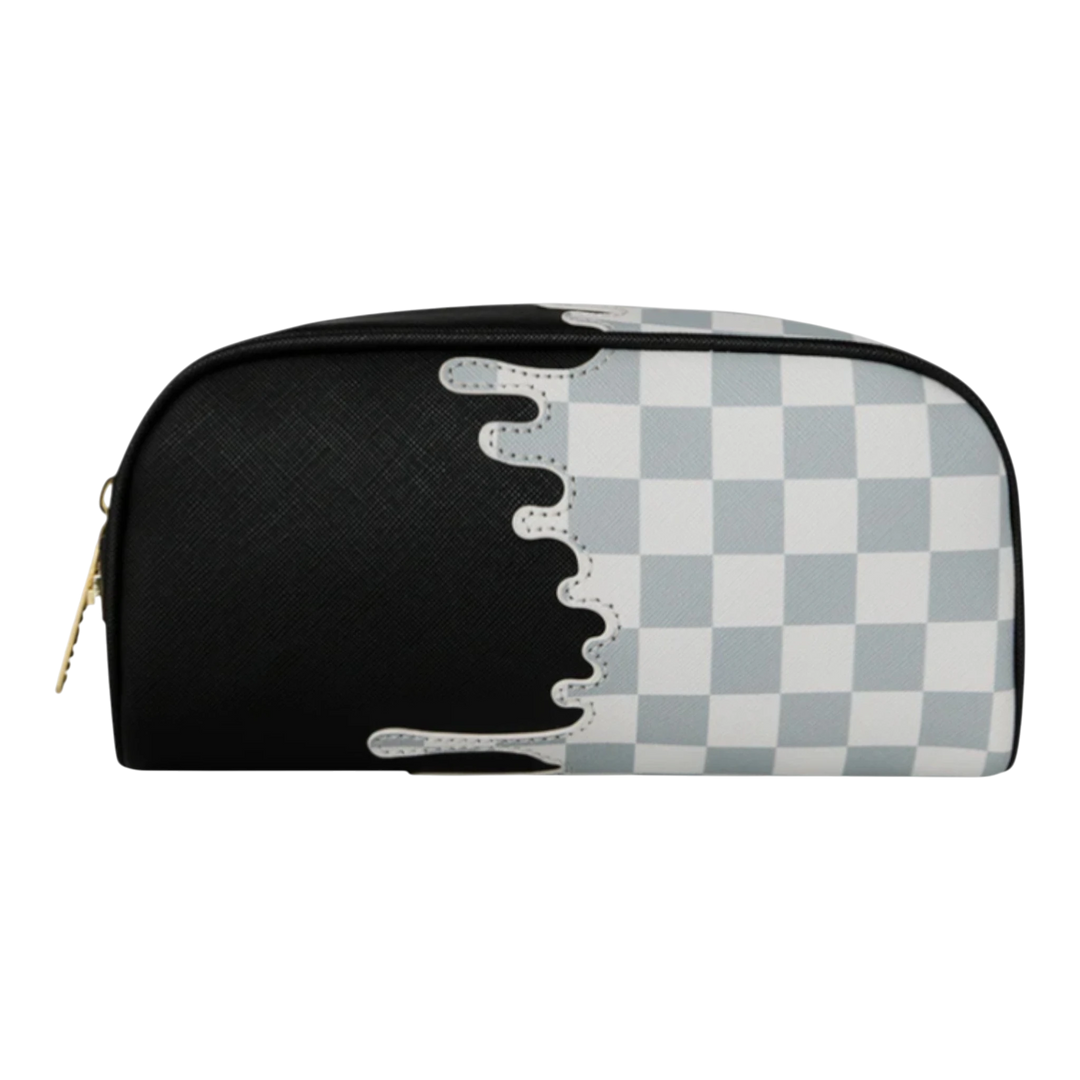 HypeSelection black and cream checkered PVC pouch with a white drip graphic and gold zipper.