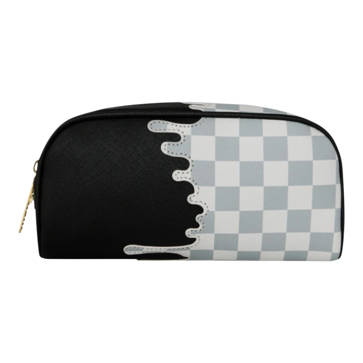 HypeSelection black and cream checkered PVC pouch with a white drip graphic and gold zipper.
