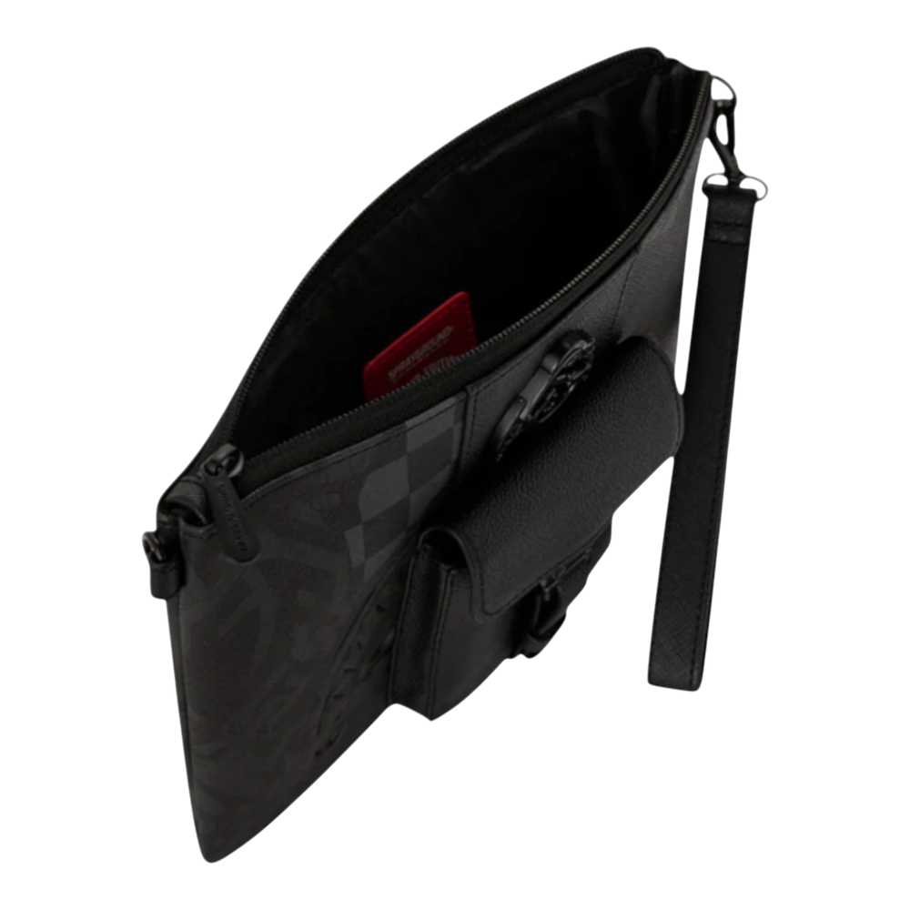 HypeSelection black vegan leather crossbody pouchette with a collage graphic design and multiple pockets.