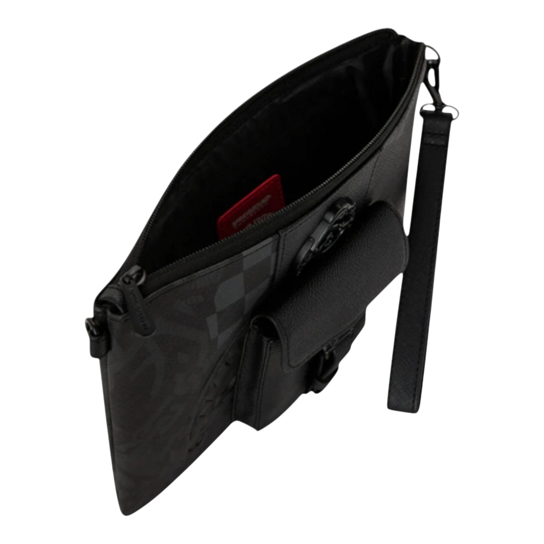 HypeSelection black vegan leather crossbody pouchette with a collage graphic design and multiple pockets.
