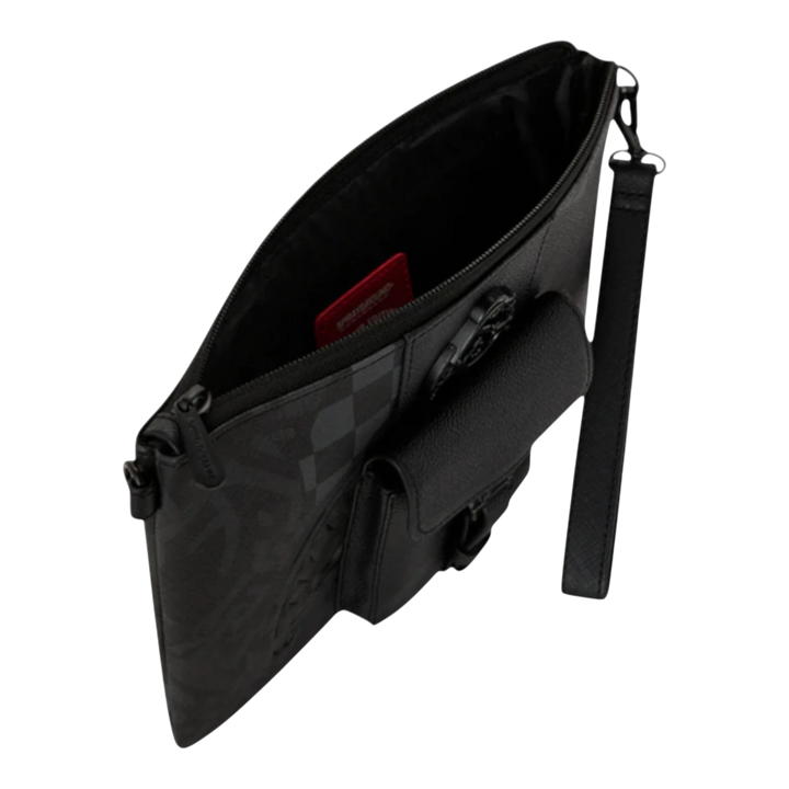 HypeSelection black vegan leather crossbody pouchette with a collage graphic design and multiple pockets.