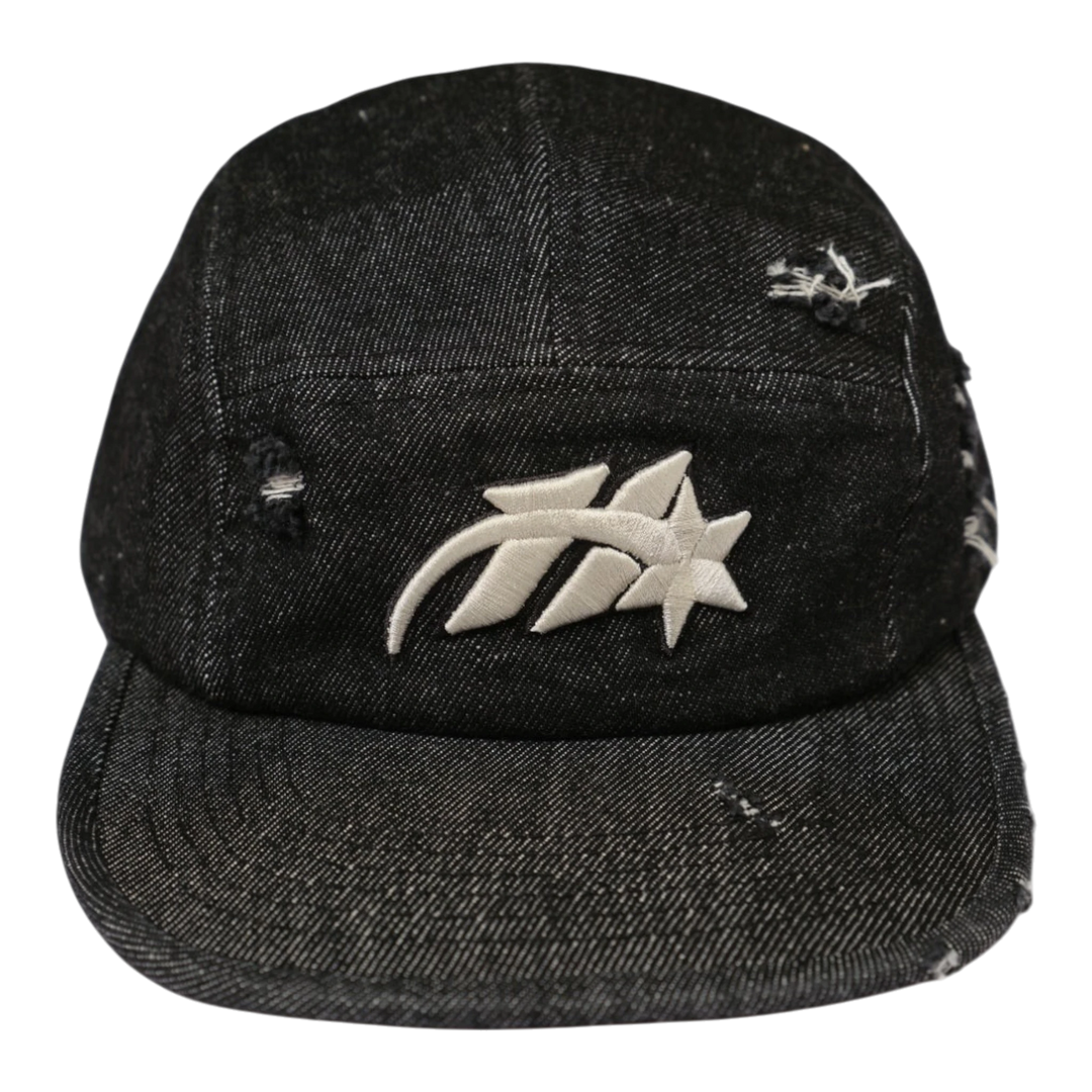 HypeSelection black denim 5-panel camp cap with distressed details and embroidered HADES logo.