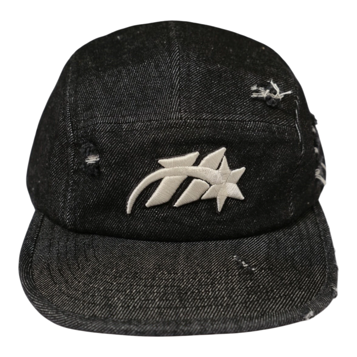 HypeSelection black denim 5-panel camp cap with distressed details and embroidered HADES logo.