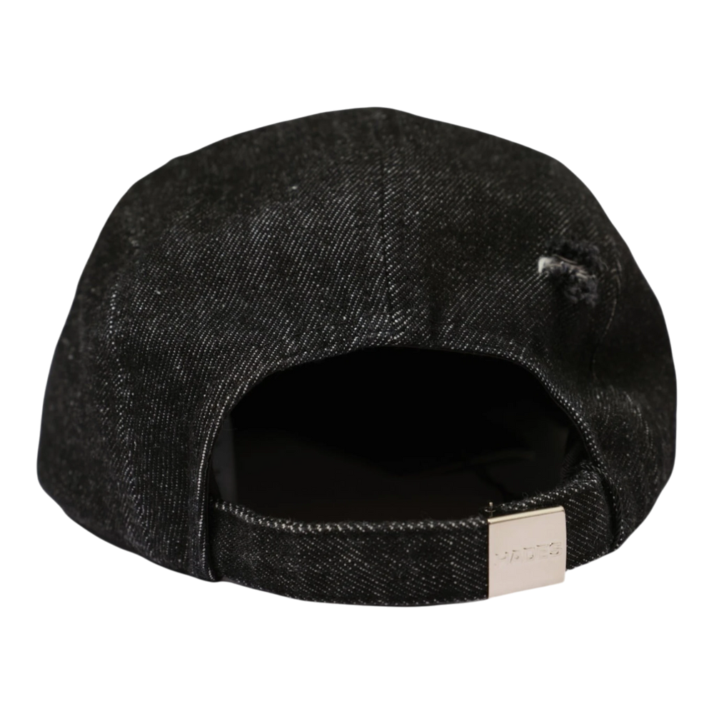 HypeSelection black denim 5-panel camp cap with distressed details and metal adjustable closure.