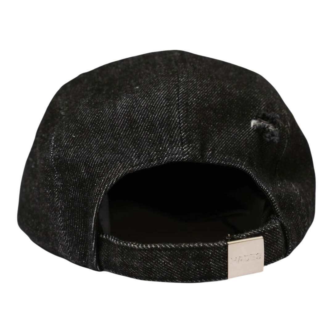 HypeSelection black denim 5-panel camp cap with distressed details and metal adjustable closure.