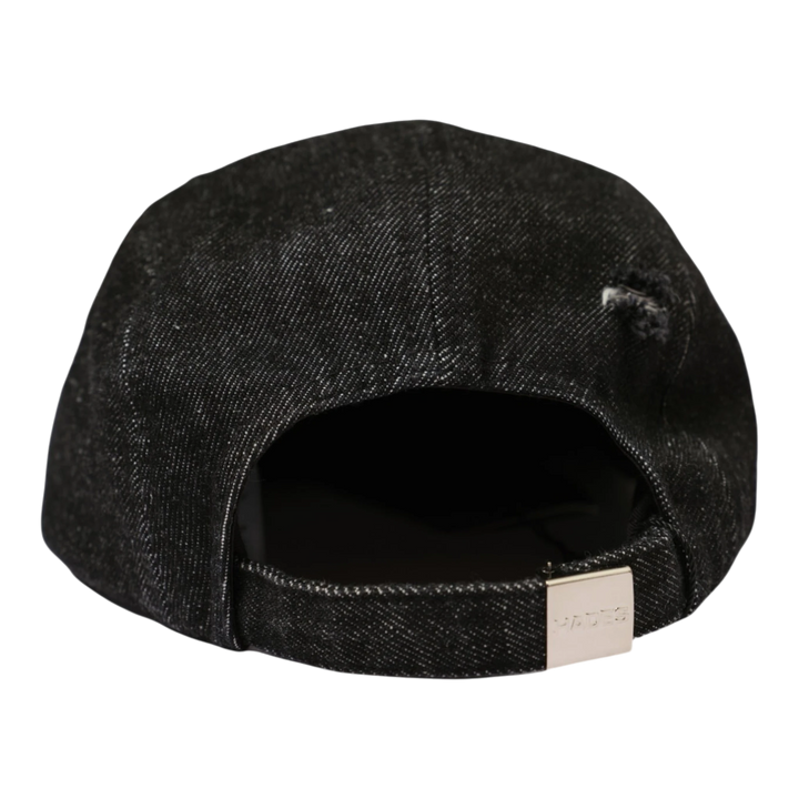 HypeSelection black denim 5-panel camp cap with distressed details and metal adjustable closure.