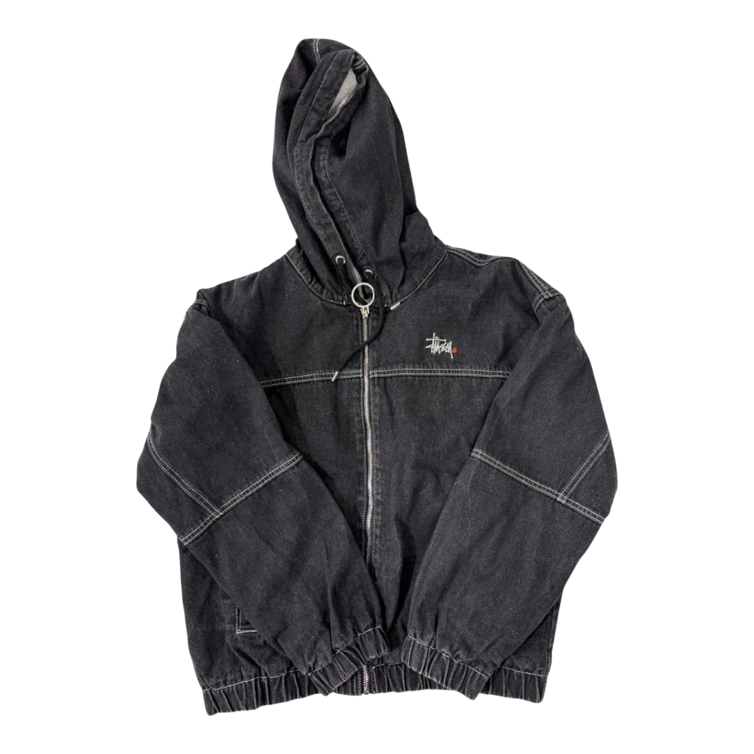 HypeSelection black denim zip-up hooded jacket with embroidered Stussy logo on chest. Vintage streetwear style.