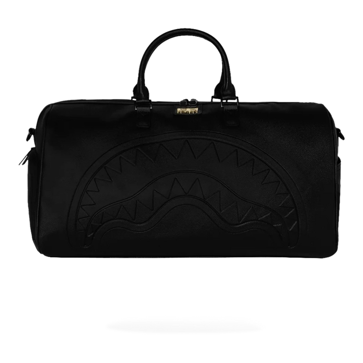 HypeSelection black eco-leather duffle bag with embossed shark mouth design and gold zipper.