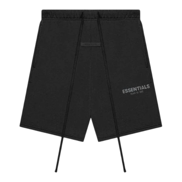 HypeSelection black cotton-blend drawstring shorts with subtle Essentials logo, relaxed fit, ideal for streetwear.