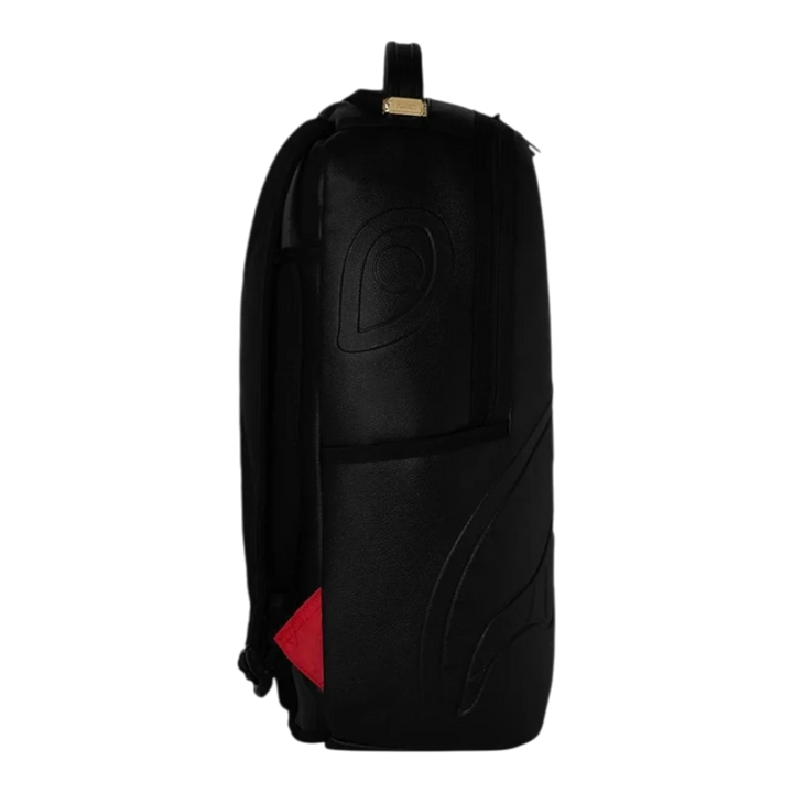 HypeSelection black faux leather backpack with embossed graphic details and a small red tag.