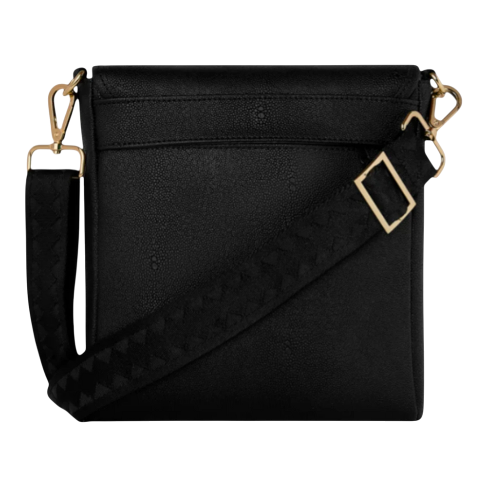 HypeSelection black faux leather messenger sling bag with gold hardware and woven strap, featuring a signature graphic.