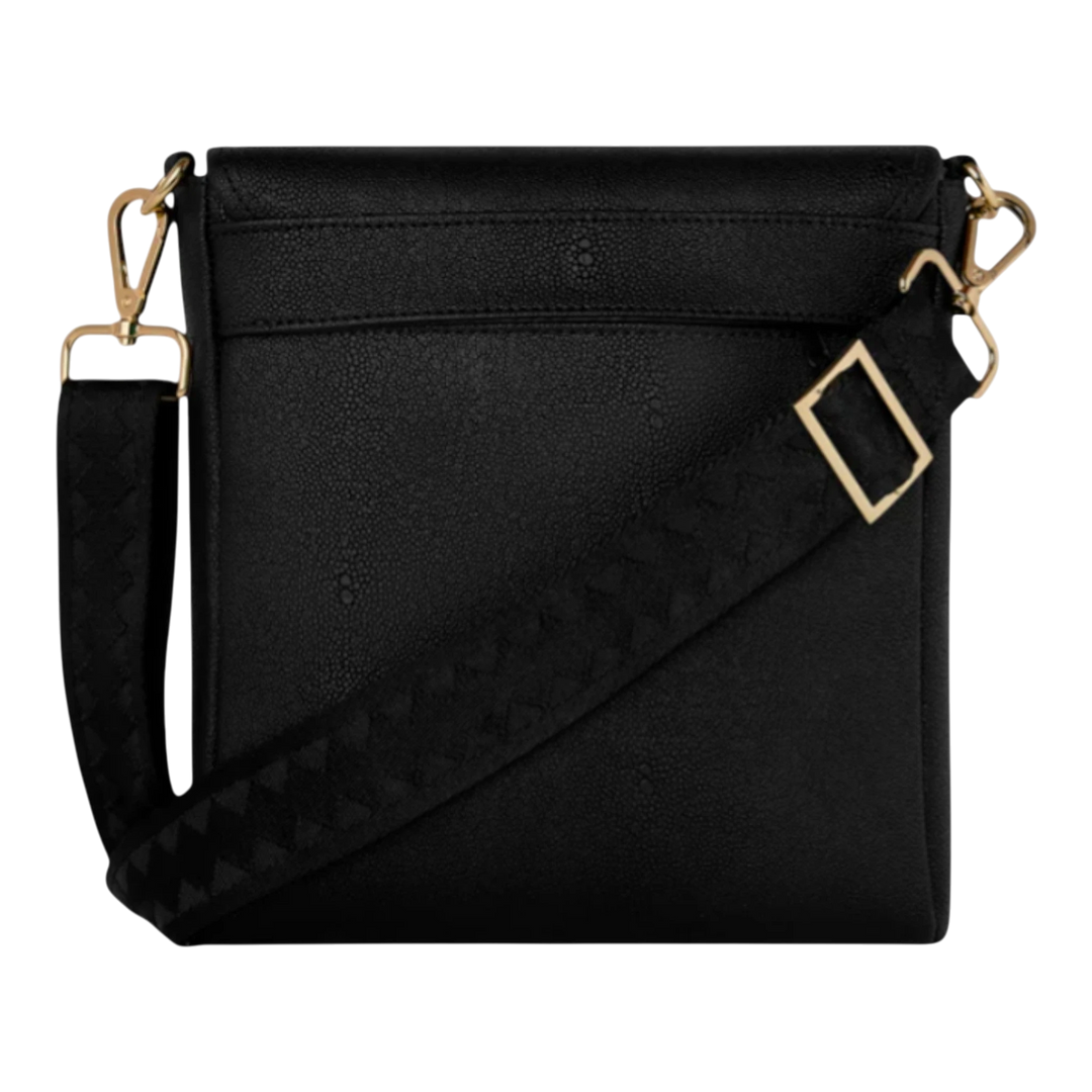 HypeSelection black faux leather messenger sling bag with gold hardware and woven strap, featuring a signature graphic.