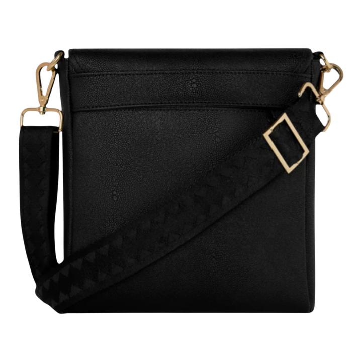 HypeSelection black faux leather messenger sling bag with gold hardware and woven strap, featuring a signature graphic.