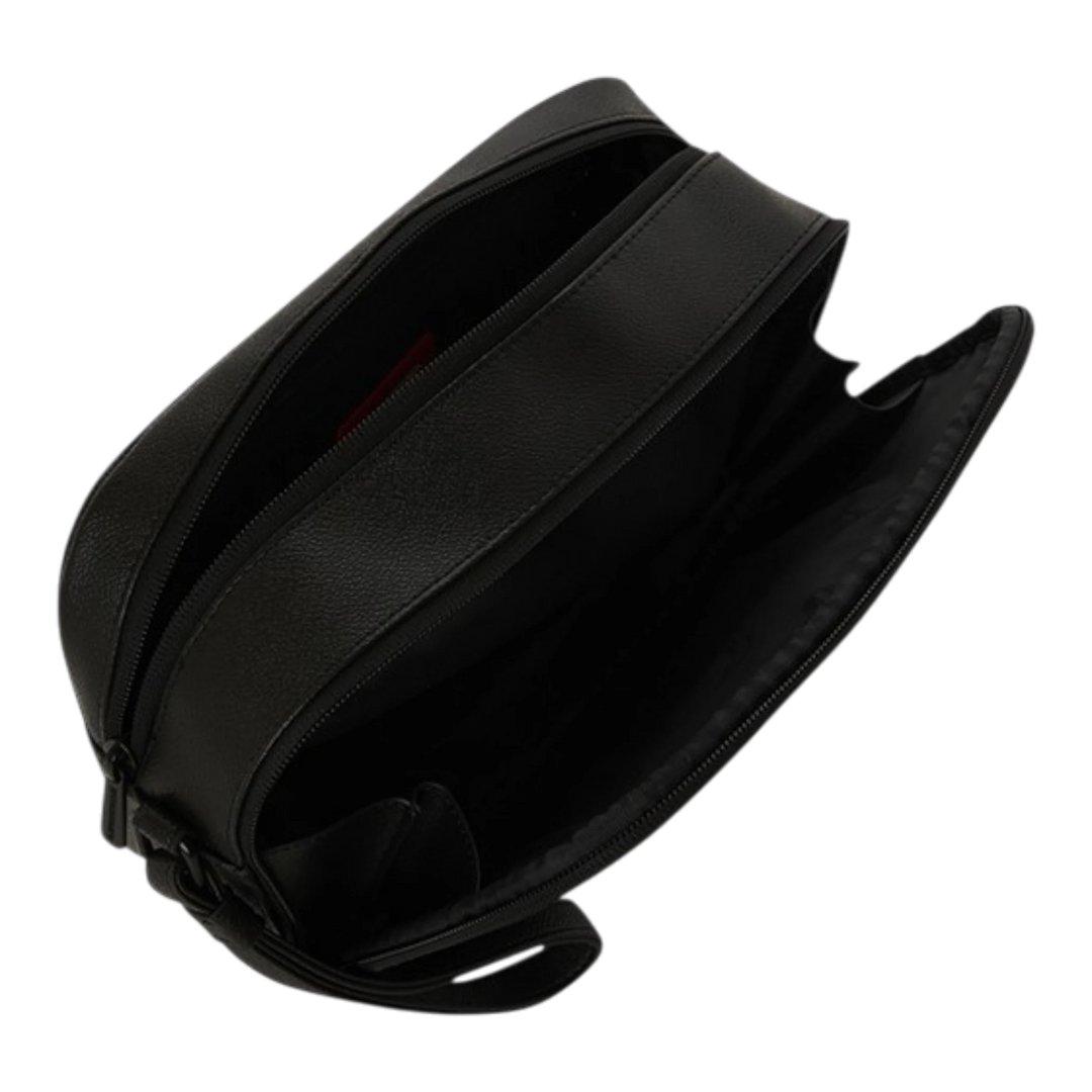 HypeSelection black faux leather toiletry bag with dual zip compartments and a side strap.