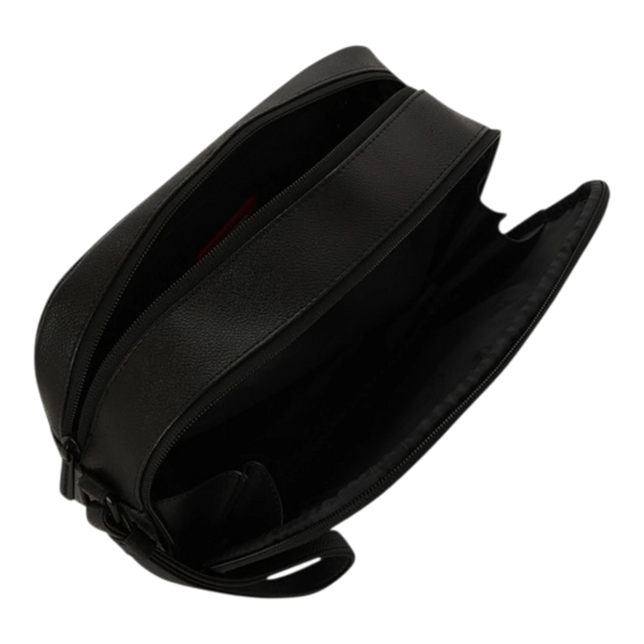 HypeSelection black faux leather toiletry bag with dual zip compartments and a side strap.