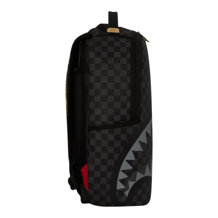 HypeSelection black backpack with grey checkered pattern and gold floral detail, featuring a shark mouth graphic.