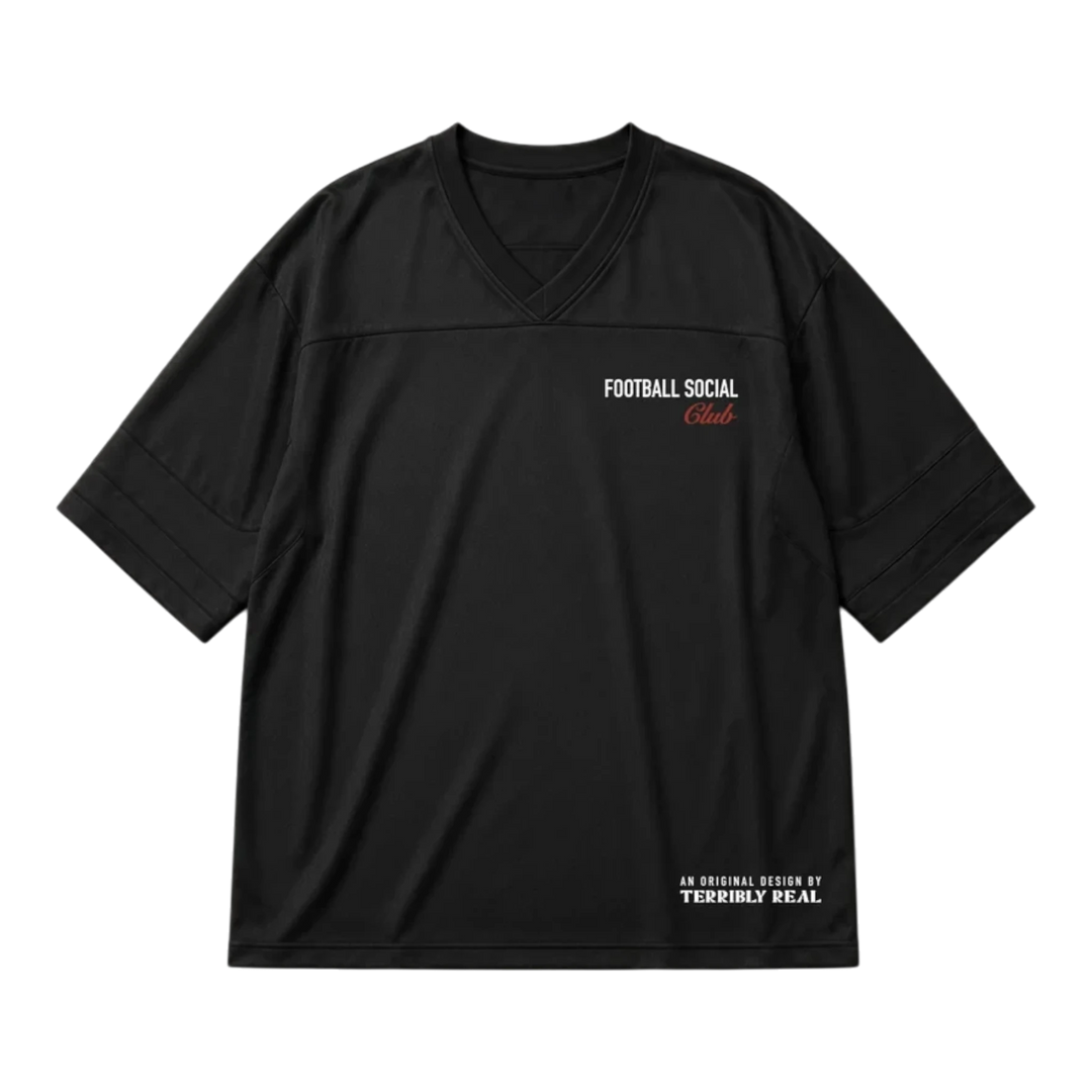 HypeSelection black lifestyle jersey with V-neck, short sleeves, and Football Social Club graphic print.