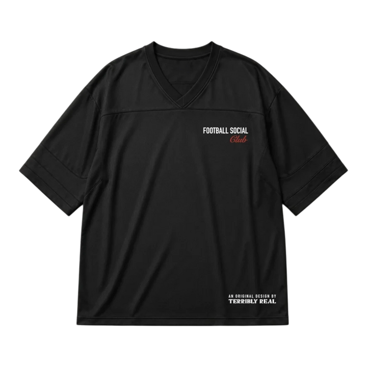 HypeSelection black lifestyle jersey with V-neck, short sleeves, and Football Social Club graphic print.