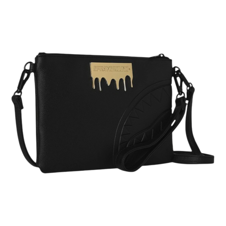 HypeSelection black faux leather clutch with gold dripping logo plate and shark fin detail. Removable strap for crossbody wear.
