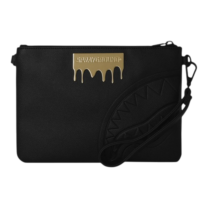 HypeSelection black faux leather clutch with gold dripping logo and shark mouth detail, removable strap.