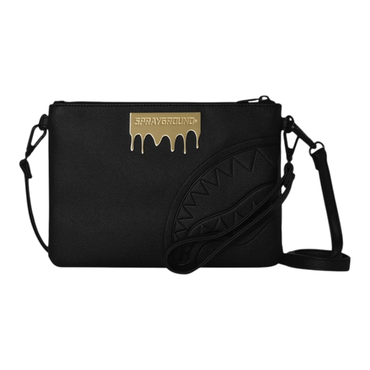 HypeSelection black faux leather clutch with gold drip logo and shark mouth detail, removable strap.