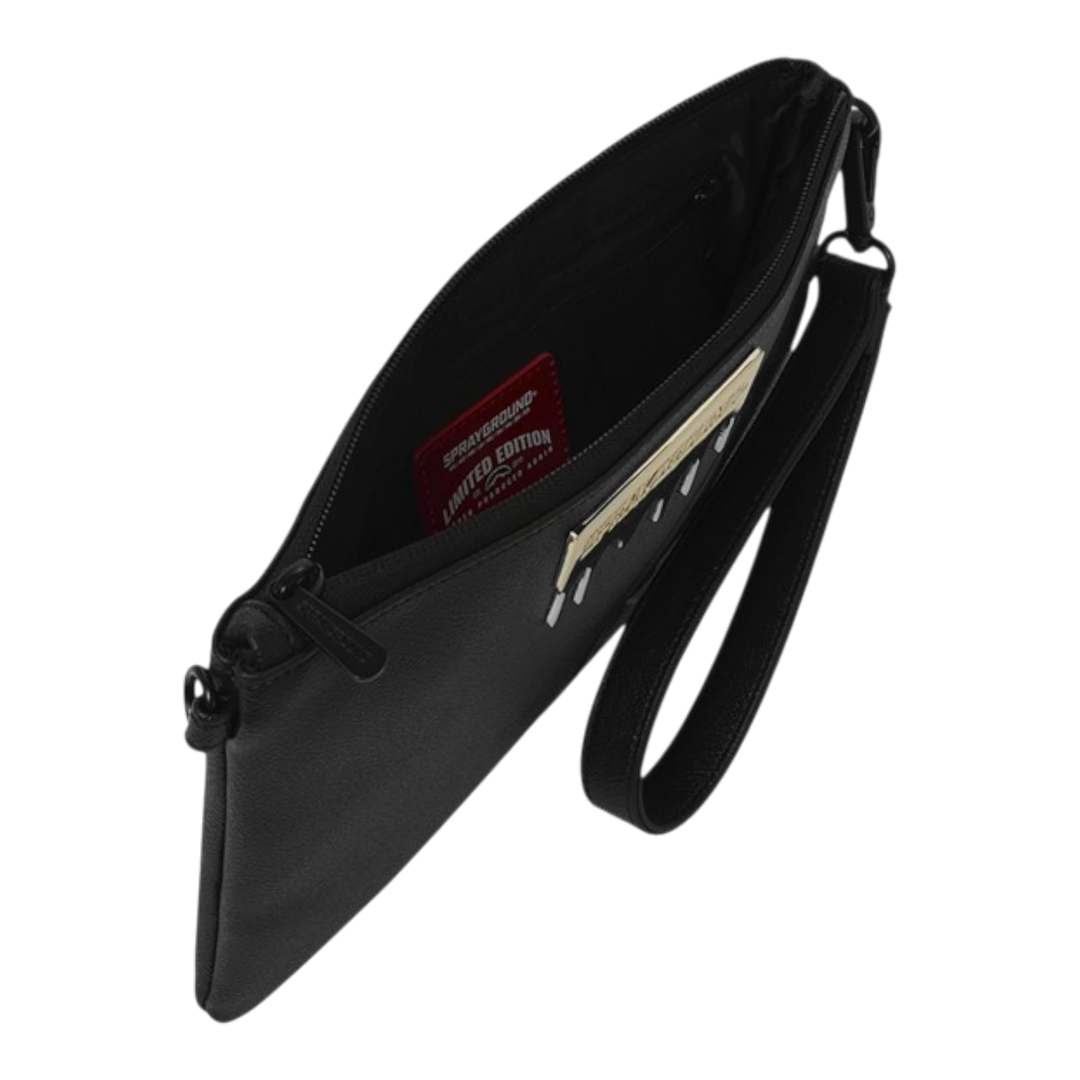 HypeSelection black faux leather clutch with gold brick motif and removable strap. Interior features a red "Limited Edition" tag.