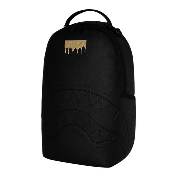 HypeSelection black faux leather backpack with gold dripping logo and shark teeth graphic detail.