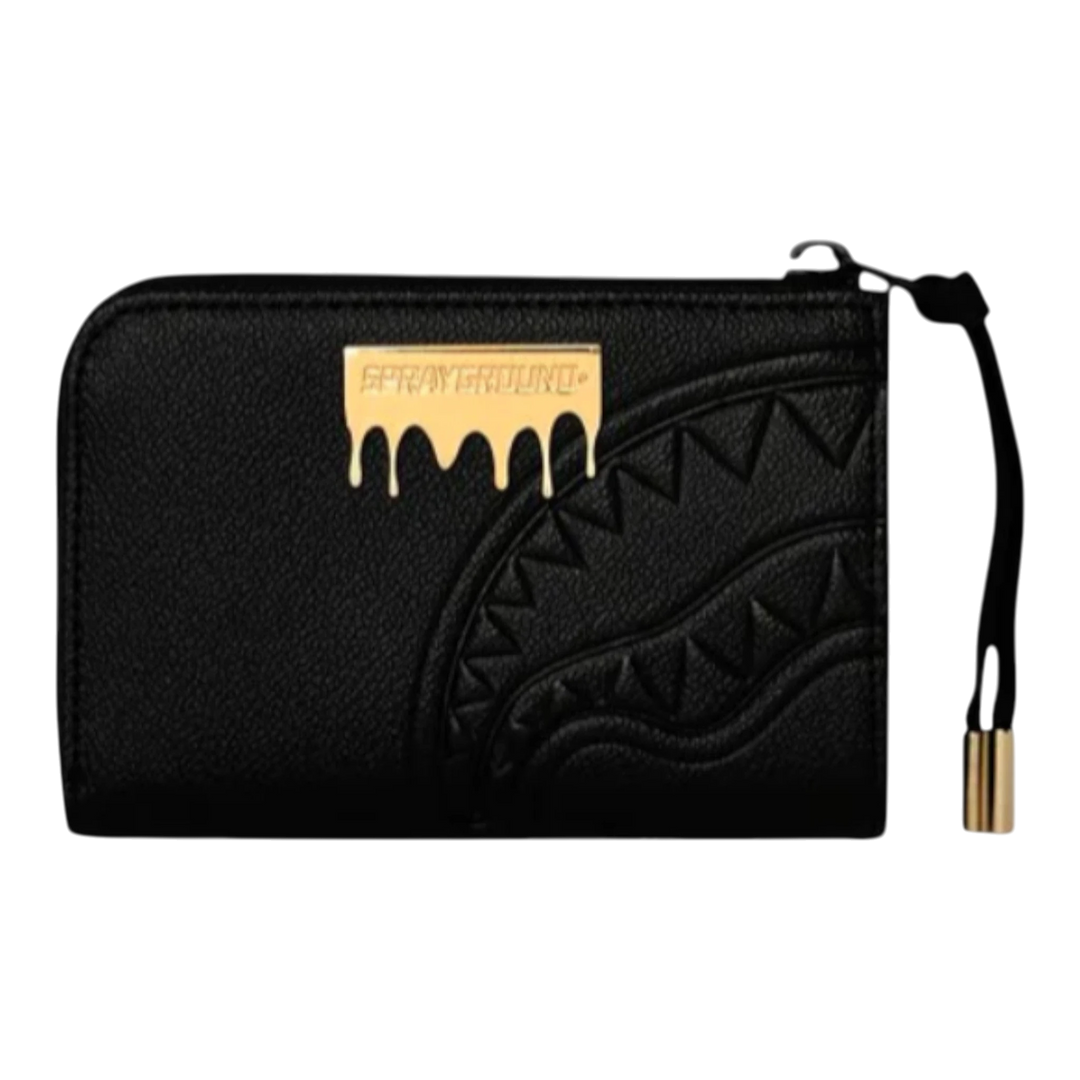 HypeSelection black faux leather wallet with gold drip logo and embossed shark teeth detail.