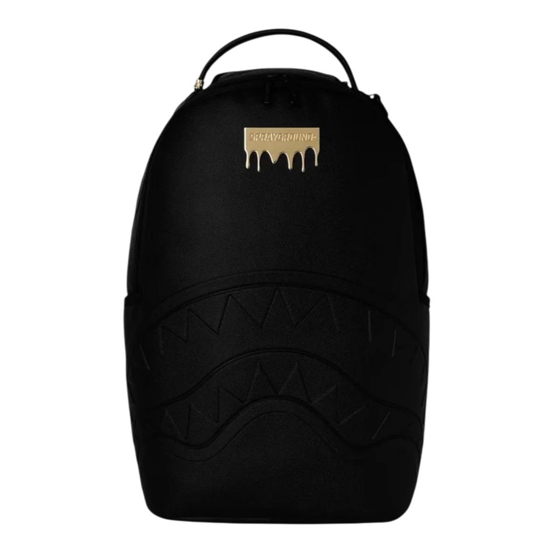 HypeSelection black faux leather backpack with gold brick graphic and shark teeth design.