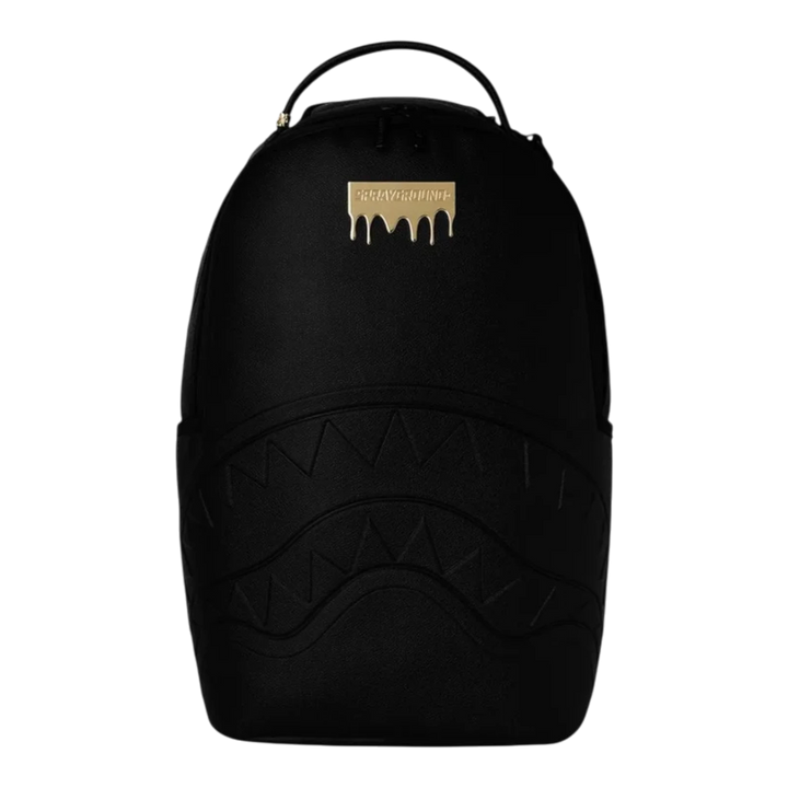 HypeSelection black faux leather backpack with gold brick graphic and shark teeth design.