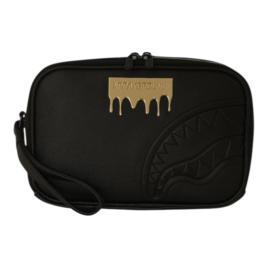 HypeSelection black faux leather toiletry bag with gold drip logo and shark teeth detail. Features a wrist strap and zip closure.