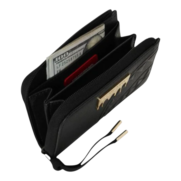 HypeSelection black synthetic wallet with gold brick logo and quilted detail, features card slots and cash compartment.