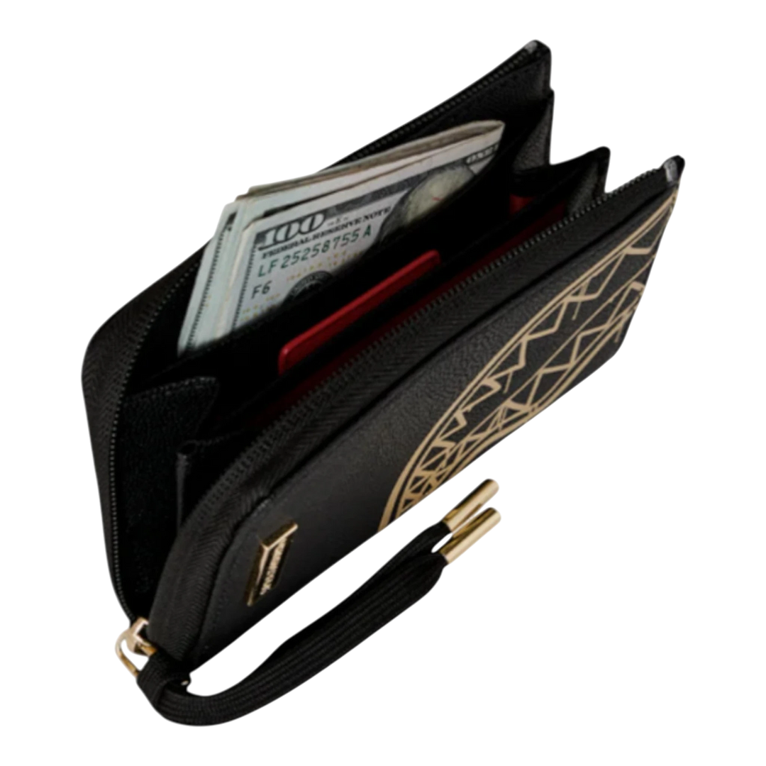 HypeSelection black PVC wallet with gold geometric pattern and elastic closure, holding cash and cards.