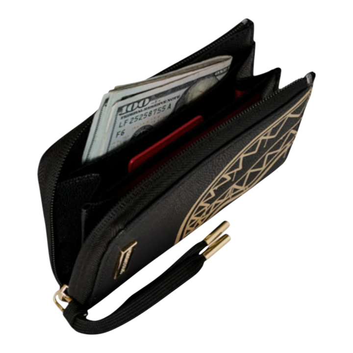 HypeSelection black PVC wallet with gold geometric pattern and elastic closure, holding cash and cards.
