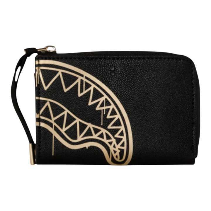 HypeSelection black PVC wallet with gold shark mouth graphic and elastic closure.