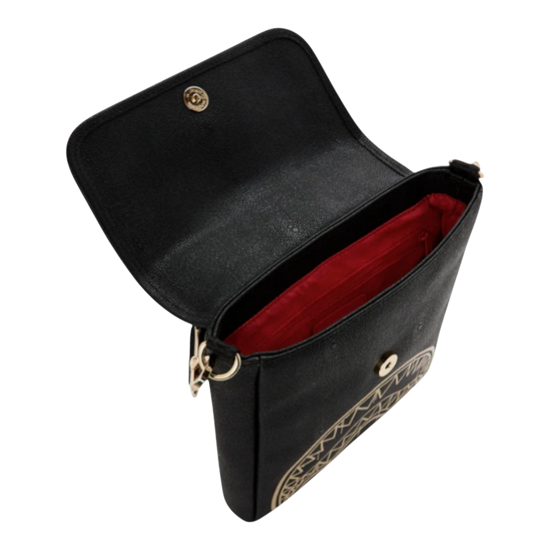 HypeSelection black faux leather messenger sling bag with gold graphic detail and red interior. Features adjustable strap and secure closure.